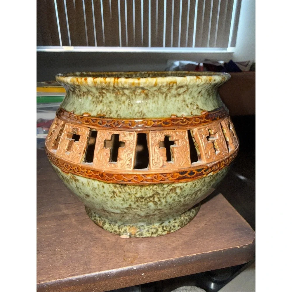 VTG Art Pottery Green Brown Glaze Signed Marked Numbered Planter Bowl Vase